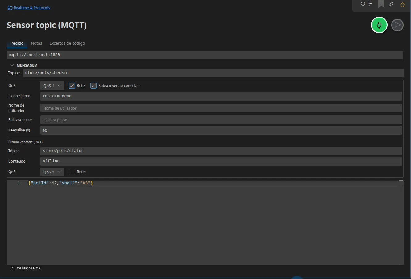 Um separador MQTT: o tópico, a QoS, a opção Retain, a subscrição ao ligar, o identificador de cliente, o keepalive, a última vontade (LWT) e o payload publicado