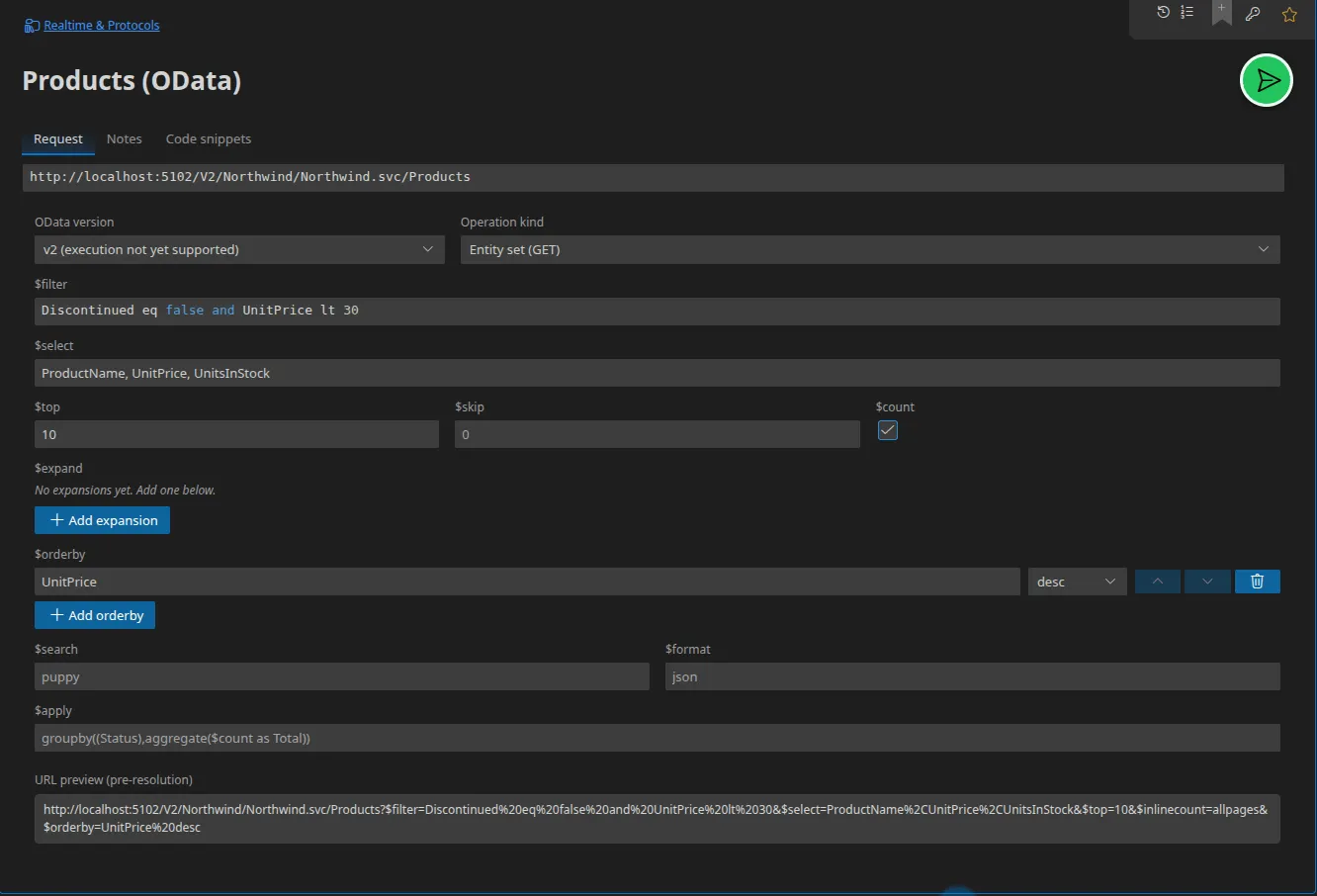 An OData tab with the query options editor — $filter, $select, $top, $count, $orderby — and the preview of the assembled URL at the bottom