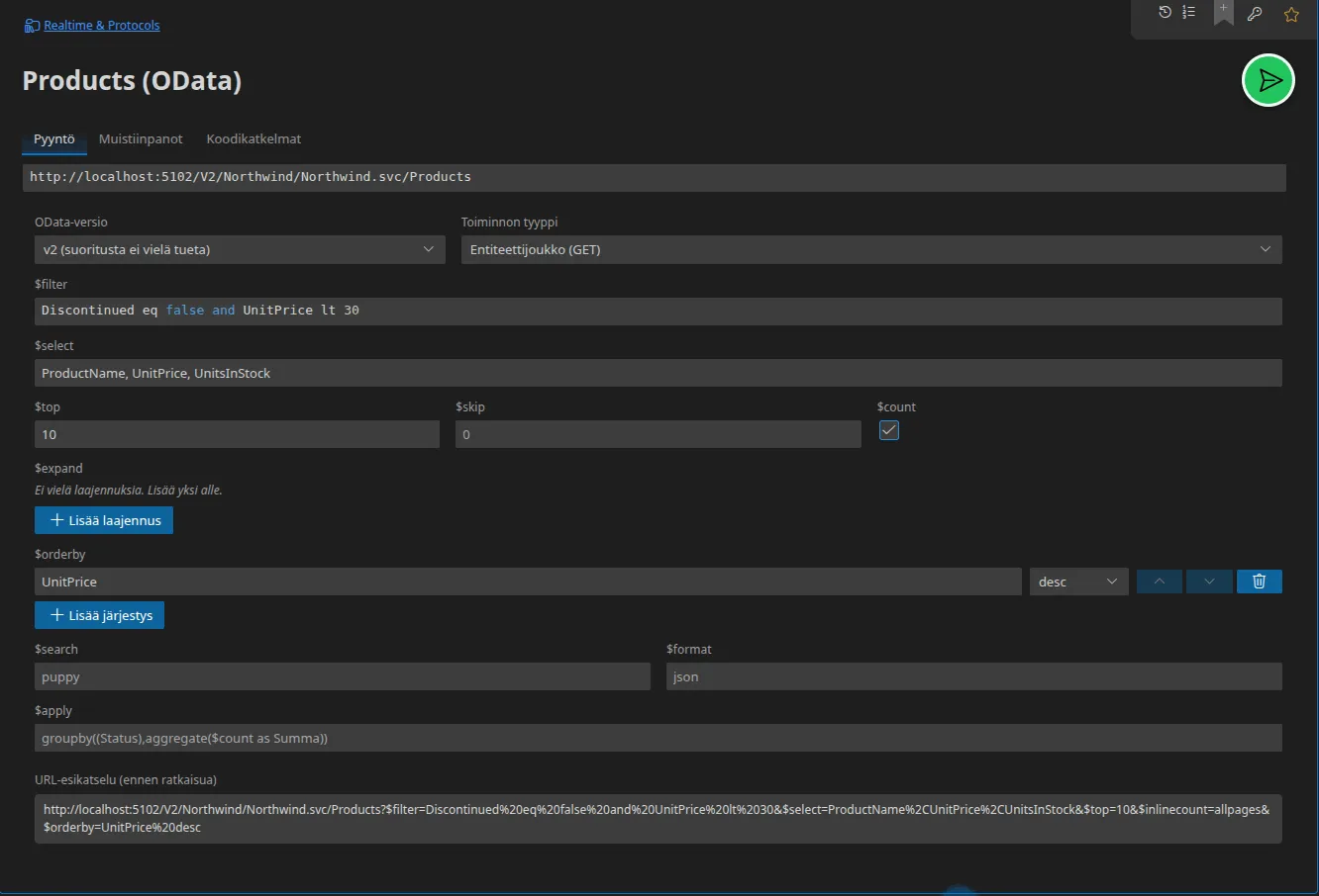 OData-välilehti, jossa on kyselyvalintojen editori — $filter, $select, $top, $count, $orderby — ja alhaalla esikatselu koostetusta URL-osoitteesta