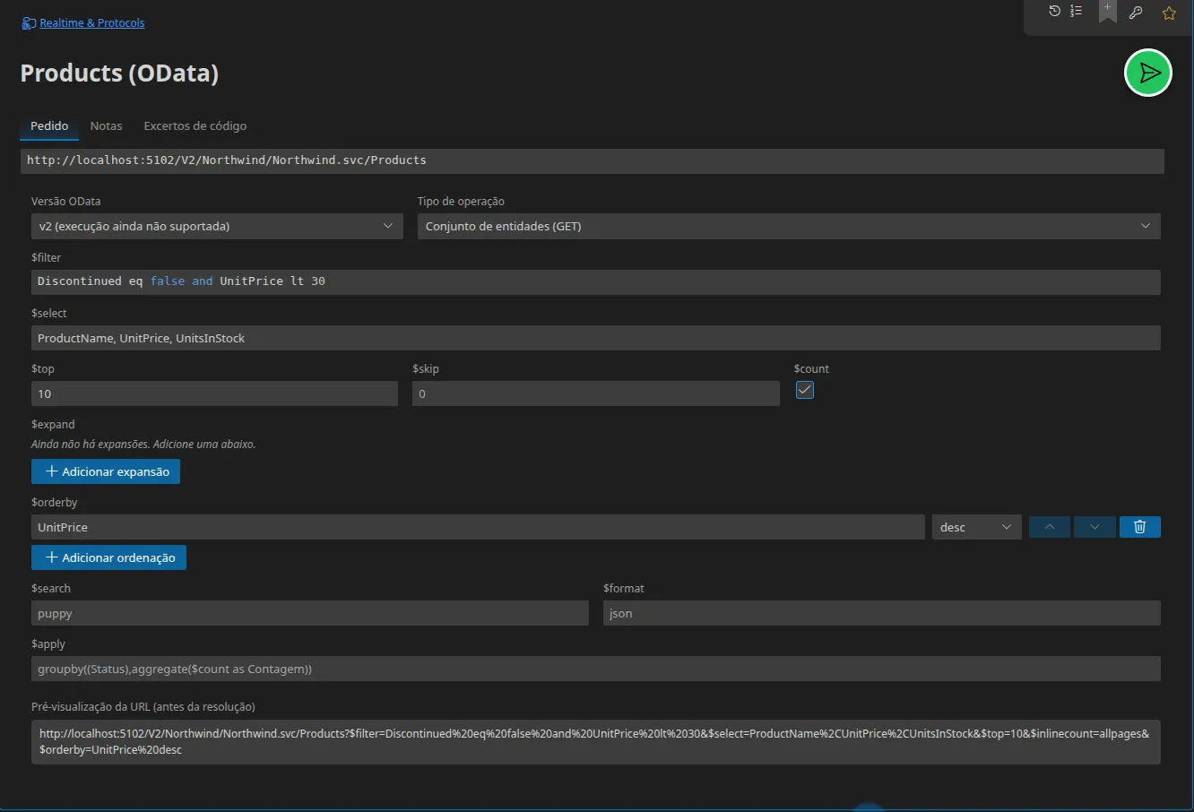 Um separador OData com o editor de opções de consulta — $filter, $select, $top, $count, $orderby — e a pré-visualização do URL montado em baixo