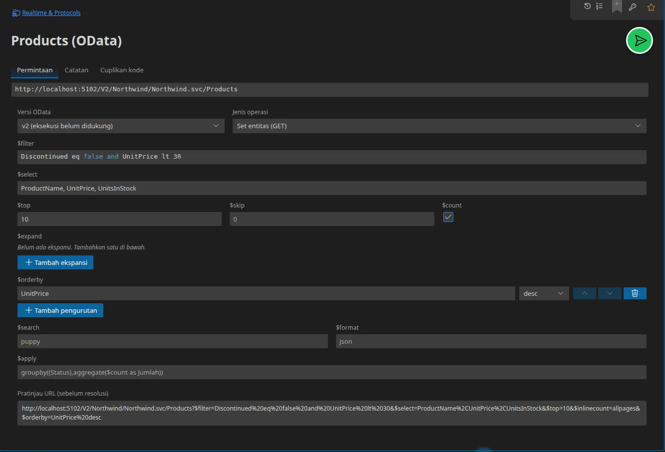 Sebuah tab OData dengan editor opsi kueri — $filter, $select, $top, $count, $orderby — dan pratinjau URL yang tersusun di bagian bawah