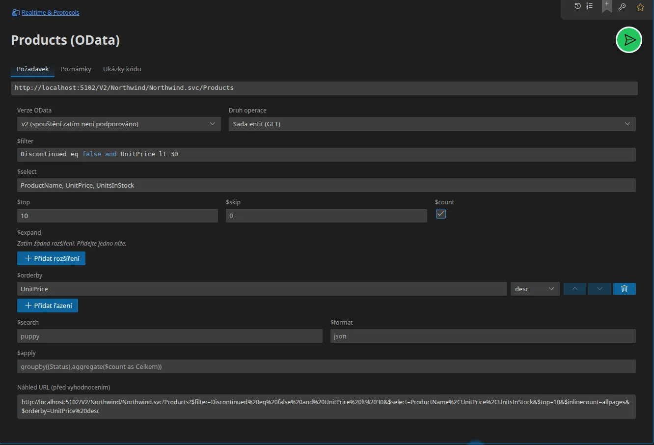Karta OData s editorem možností dotazu — $filter, $select, $top, $count, $orderby — a náhledem sestavené URL dole