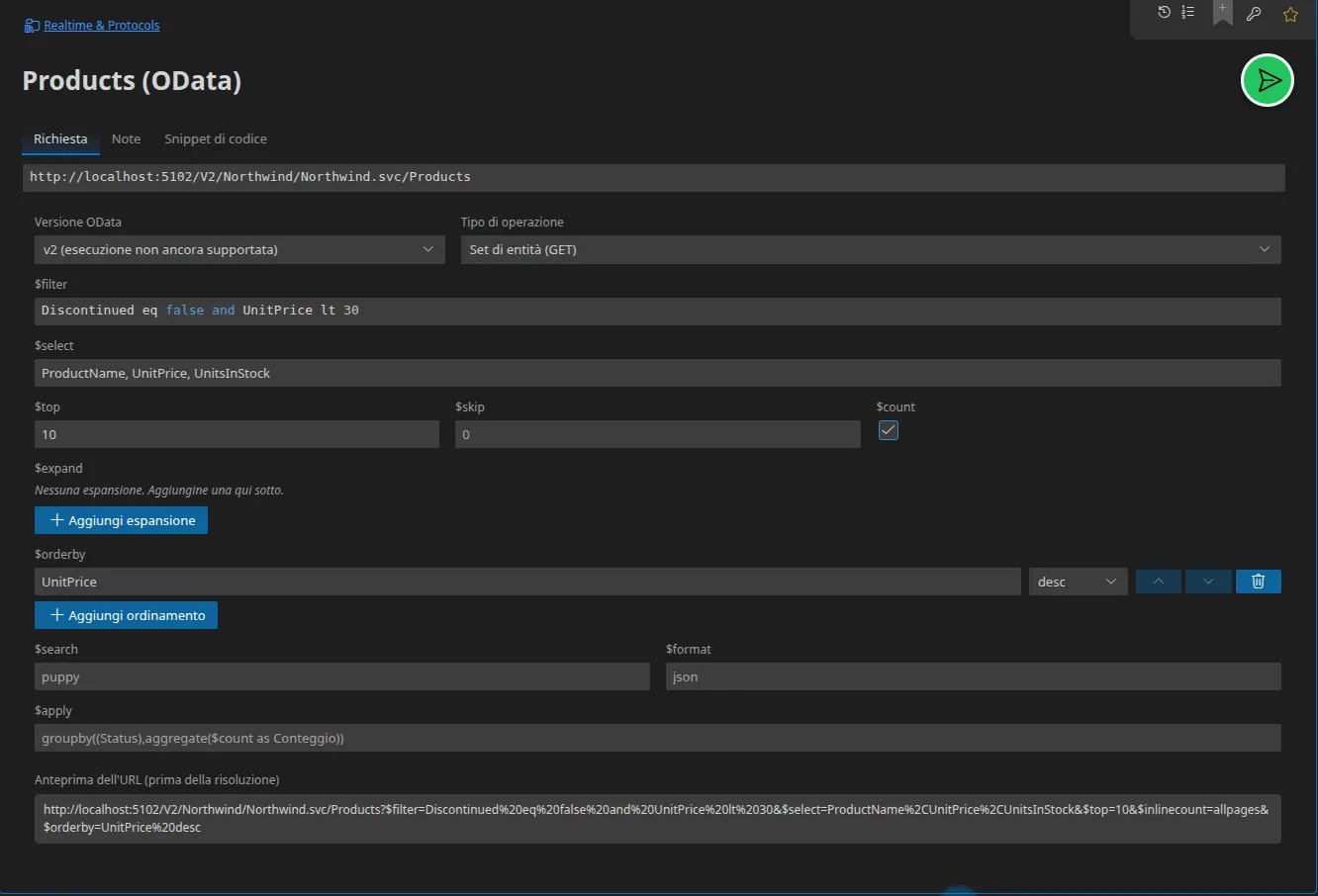 Una scheda OData con l’editor delle opzioni di query — $filter, $select, $top, $count, $orderby — e l’anteprima dell’URL assemblato in basso
