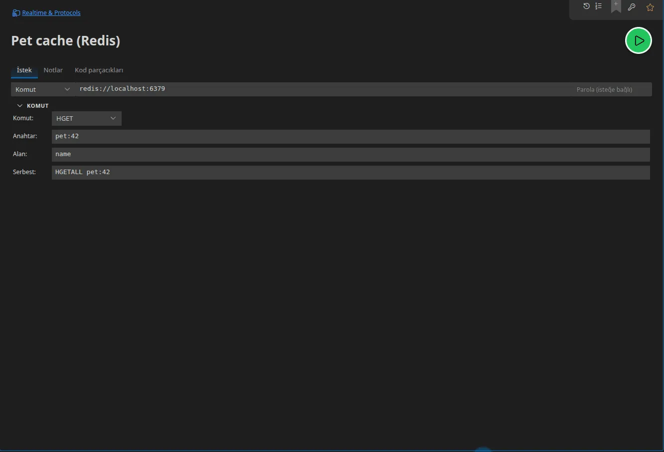 Komut modunda bir Redis sekmesi: sunucu URL'si, HGET komutu ve argümanları (anahtar, alan) ile serbest komut alanı