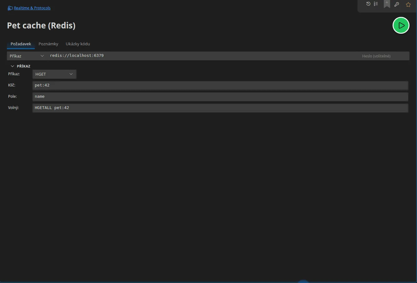 Karta Redis v režimu Příkaz: URL serveru, příkaz HGET a jeho argumenty (klíč, pole) a pole pro volný příkaz