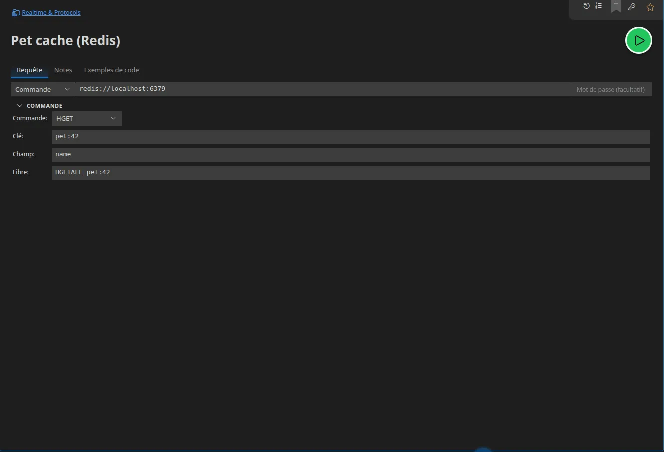 Un onglet Redis en mode Commande : l'URL du serveur, la commande HGET et ses arguments (clé, champ), et le champ de commande libre