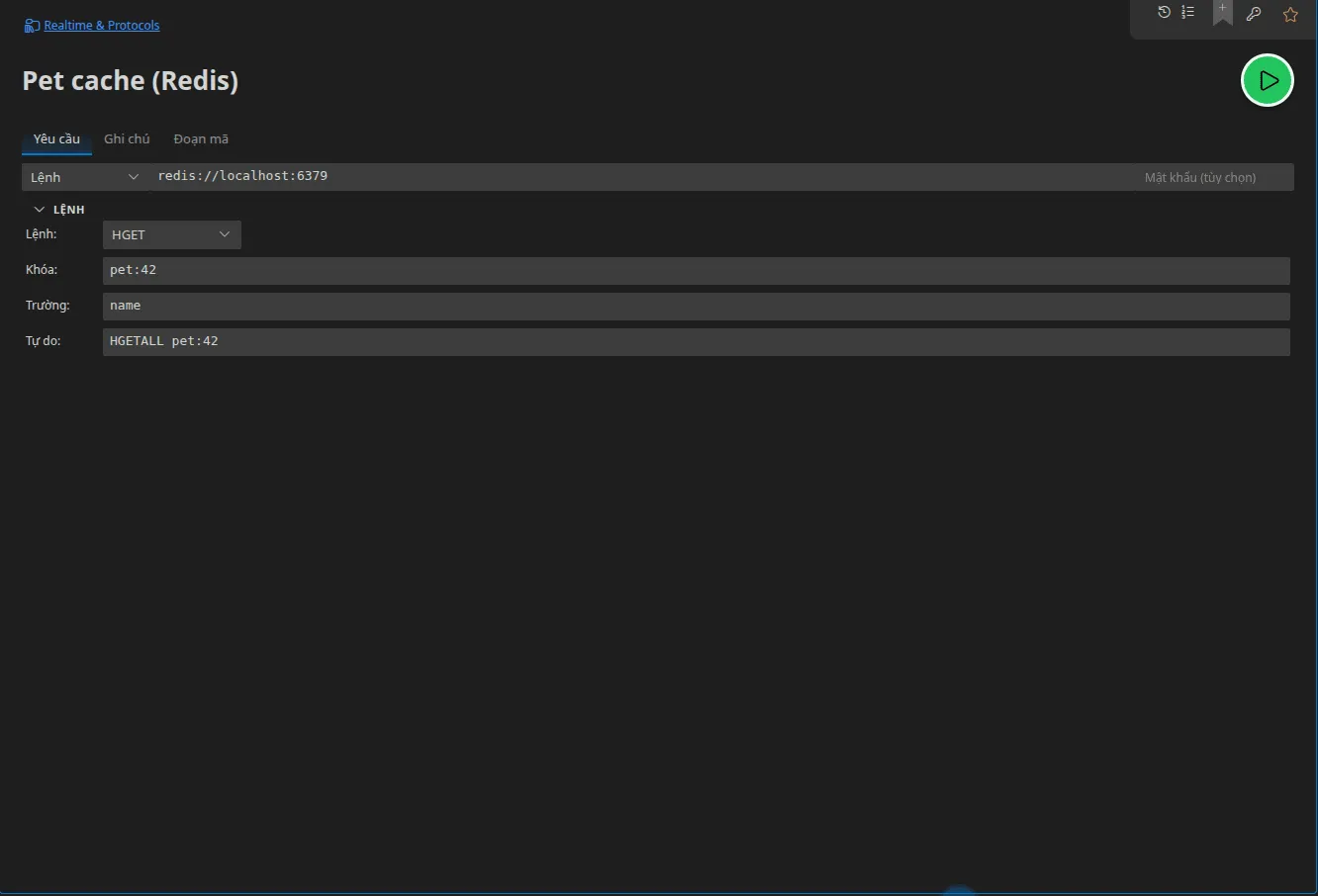 Một tab Redis ở chế độ Lệnh: URL của máy chủ, lệnh HGET và các đối số của nó (khóa, trường), và ô lệnh tự do