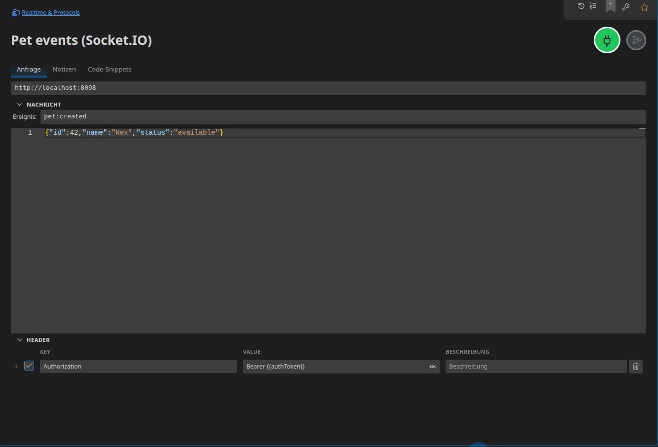 Ein Socket.IO-Tab: die URL des Servers, der Ereignisname „pet“, die zu sendende JSON-Payload und die Header des Handshakes