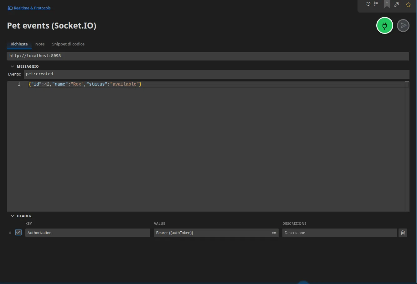 Una scheda Socket.IO: l’URL del server, il nome dell’evento «pet», il payload JSON da emettere e gli header dell’handshake