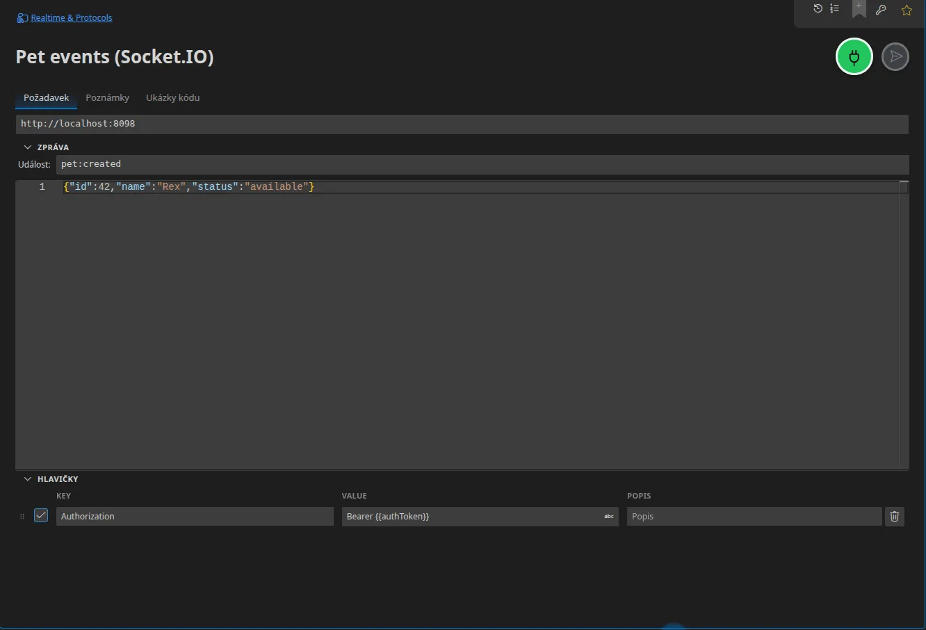 Karta Socket.IO: URL serveru, název události „pet“, payload JSON k vyslání a hlavičky handshaku