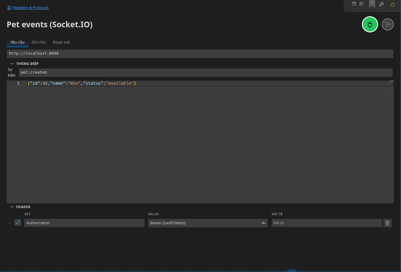 Một tab Socket.IO: URL của máy chủ, tên sự kiện “pet”, tải trọng JSON cần phát và các header của handshake