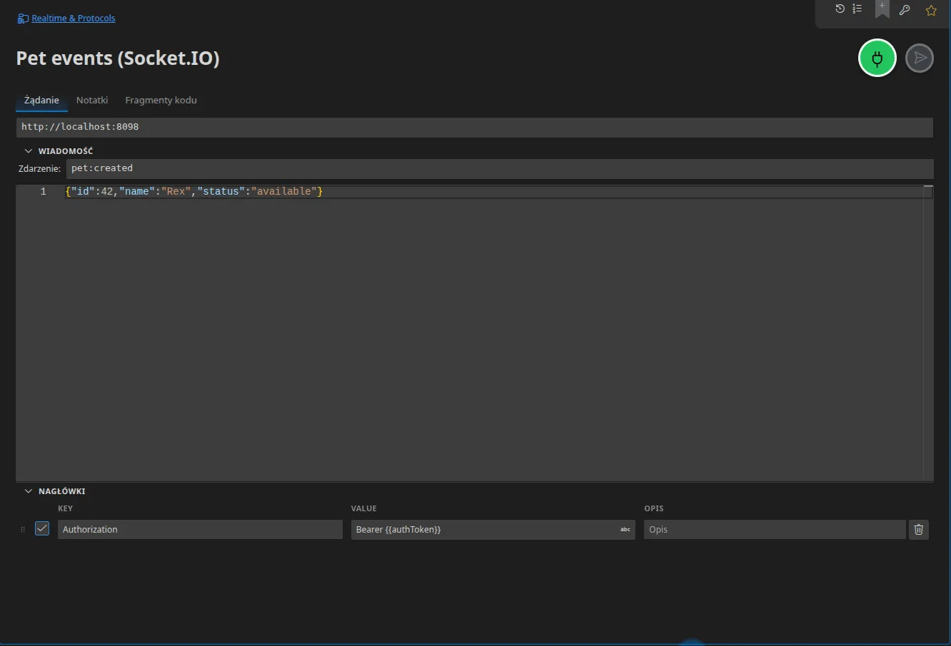 Zakładka Socket.IO: adres URL serwera, nazwa zdarzenia „pet”, ładunek JSON do wyemitowania oraz nagłówki handshake'u