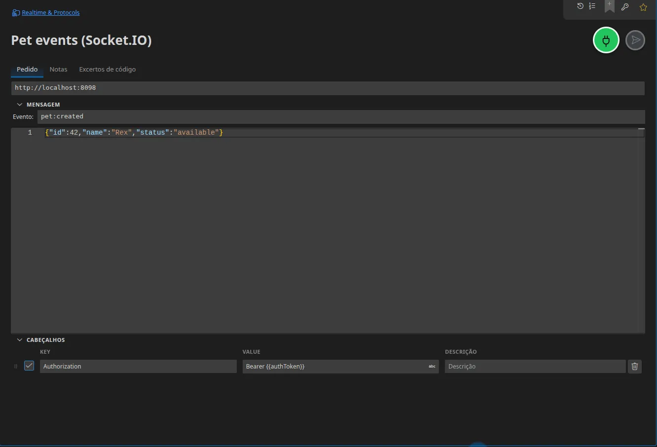Um separador Socket.IO: o URL do servidor, o nome de evento “pet”, o payload JSON a emitir e os cabeçalhos do handshake