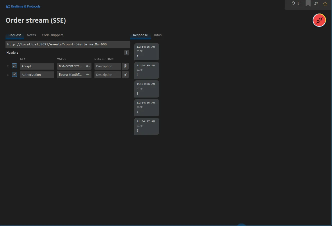 A connected SSE tab: on the right, each event received appears with its timestamp, its name ("ping") and its sequence-number payload.