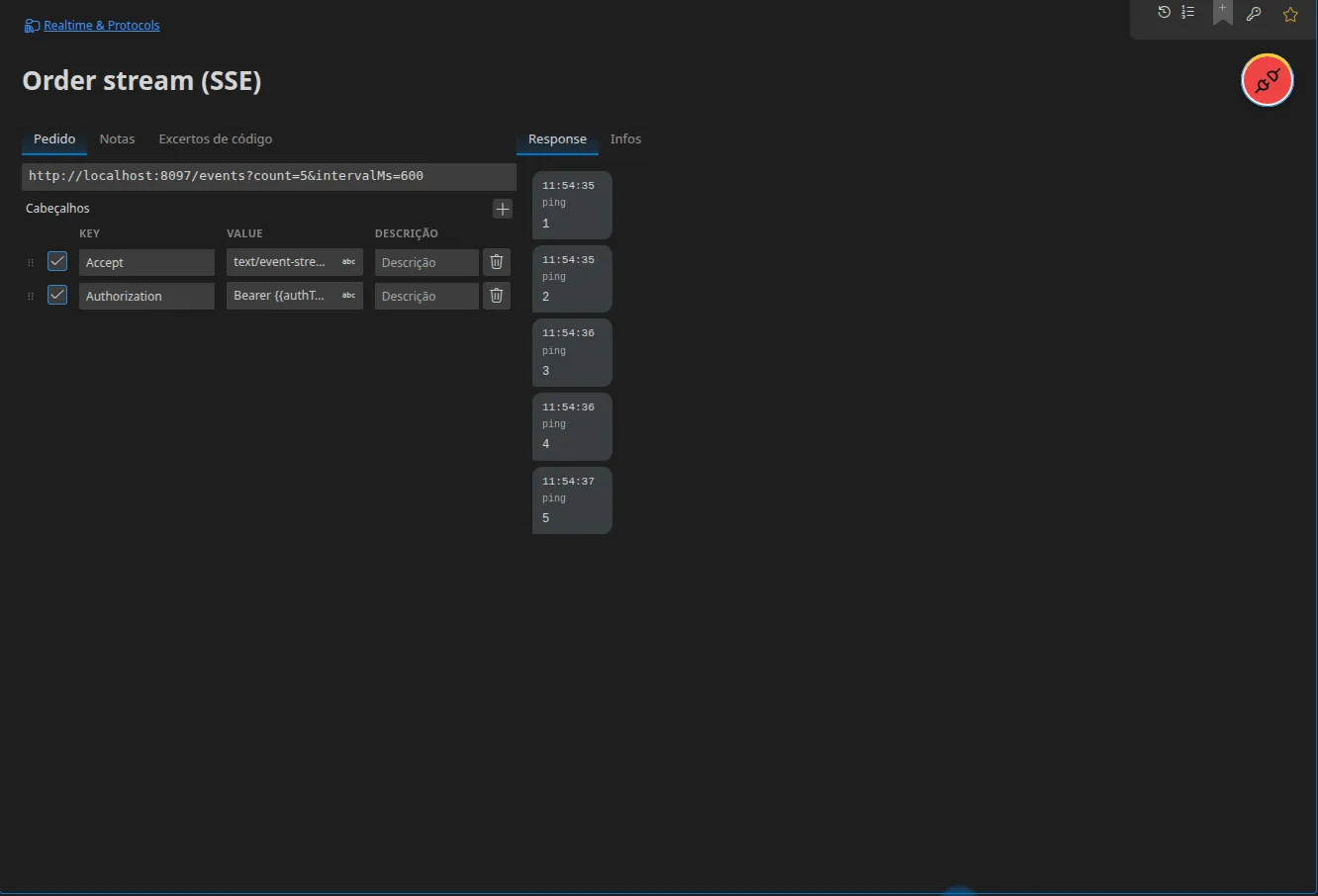 Um separador SSE ligado: à direita, cada evento recebido aparece com a sua hora, o seu nome (“ping”) e o seu payload (um número de sequência).