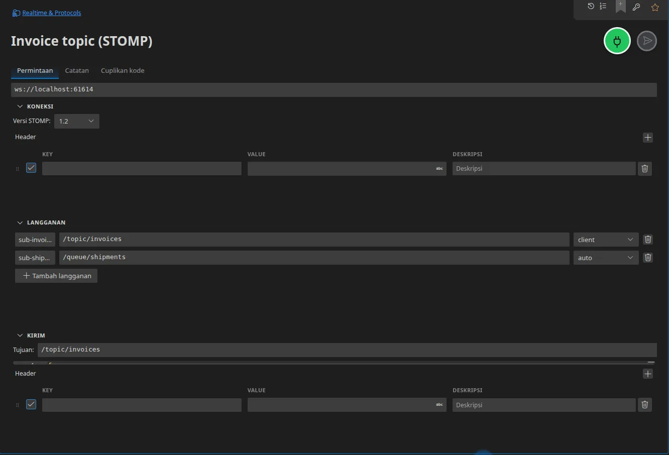 Sebuah tab STOMP: versi protokolnya, header CONNECT, dua langganan beserta mode tanda terimanya, dan bagian Pengiriman