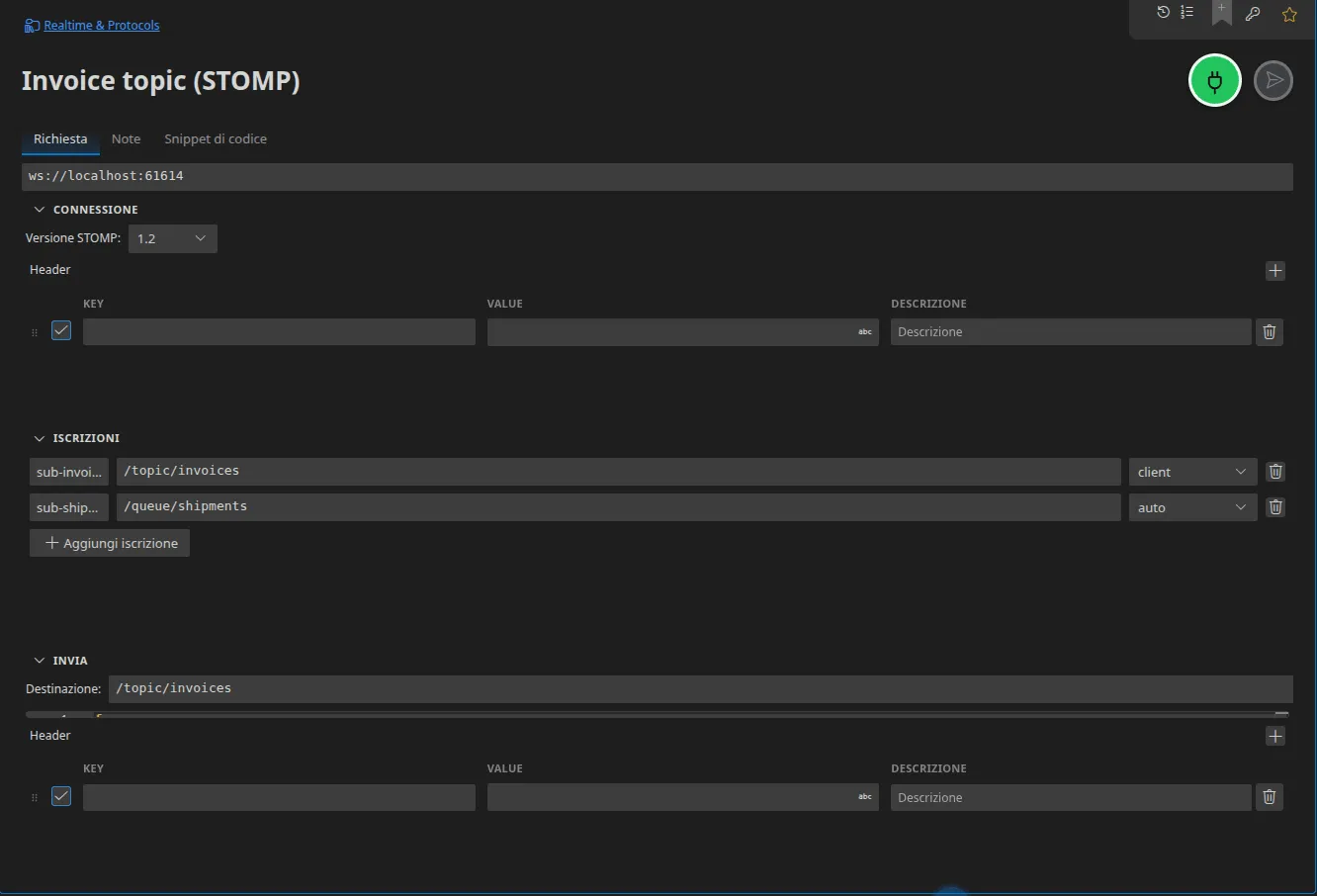 Una scheda STOMP: la versione del protocollo, l'header del CONNECT, due sottoscrizioni con la loro modalità di conferma di ricezione e la sezione Invio