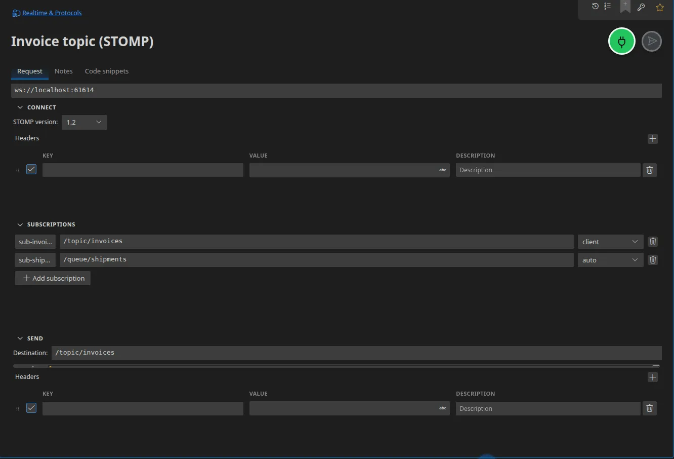 A STOMP tab: the protocol version, the CONNECT header, two subscriptions with their acknowledgement mode, and the Send section