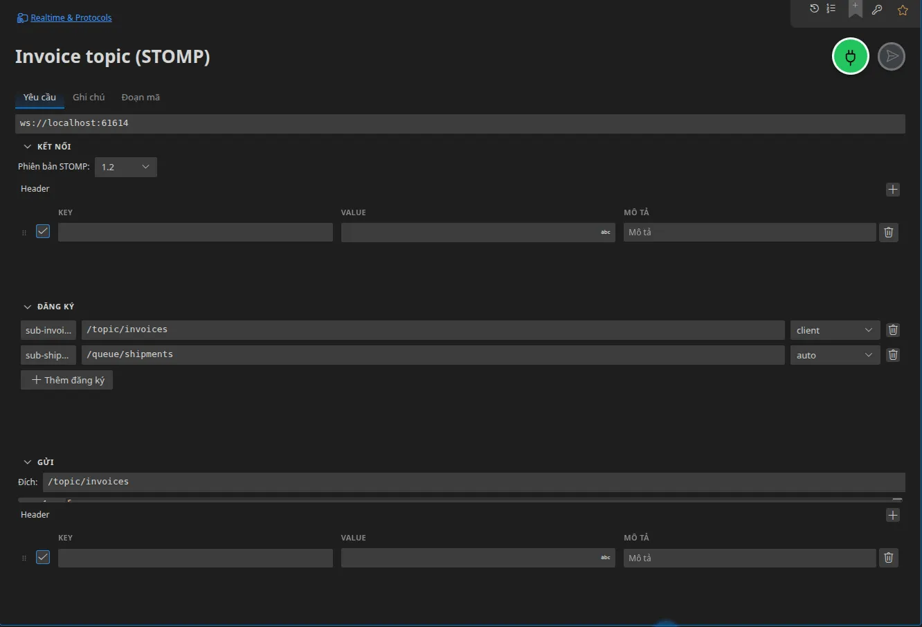Một tab STOMP: phiên bản giao thức, header của CONNECT, hai đăng ký kèm chế độ xác nhận của chúng, và phần Gửi