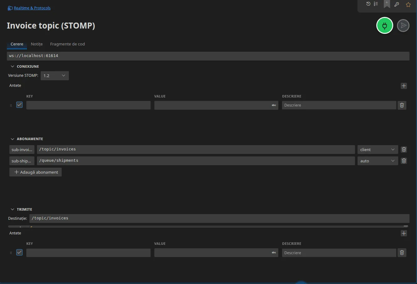 O filă STOMP: versiunea protocolului, antetul lui CONNECT, două abonamente cu modul lor de confirmare de primire și secțiunea Trimitere