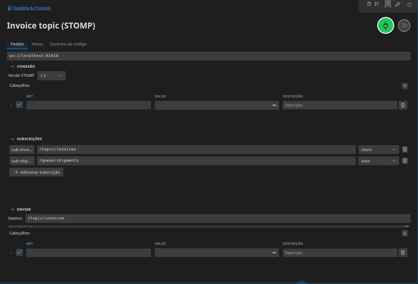 Um separador STOMP: a versão do protocolo, o cabeçalho do CONNECT, duas subscrições com o respetivo modo de confirmação de receção e a secção Envio