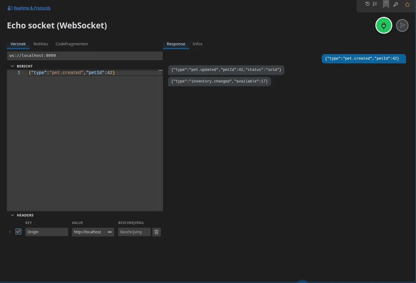 Een WebSocket-tabblad dat met een server is verbonden: het verzonden frame rechts uitgelijnd, de ontvangen frames links uitgelijnd