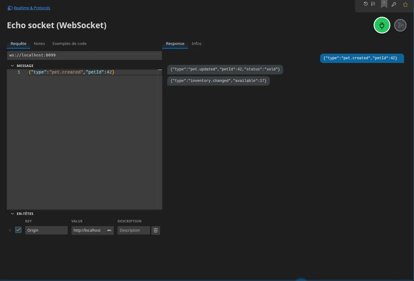 Un onglet WebSocket connecté à un serveur : la trame envoyée alignée à droite, les trames reçues alignées à gauche