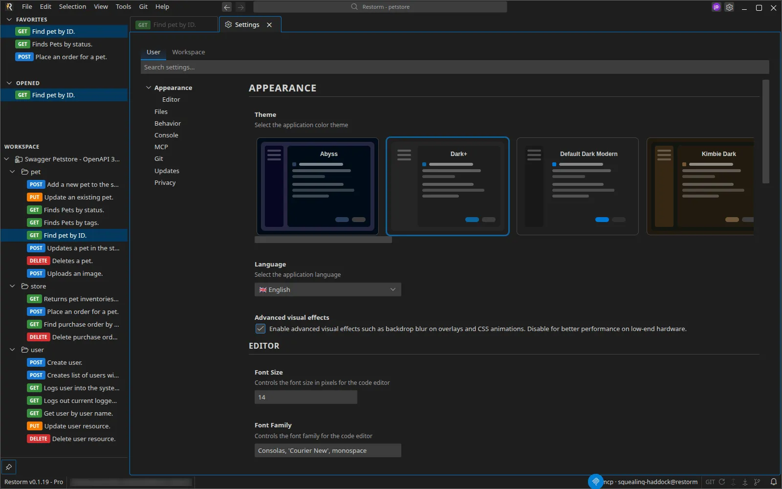 The settings page: the User / Workspace tabs, the search, the table of contents of groups on the left and the Appearance group open
