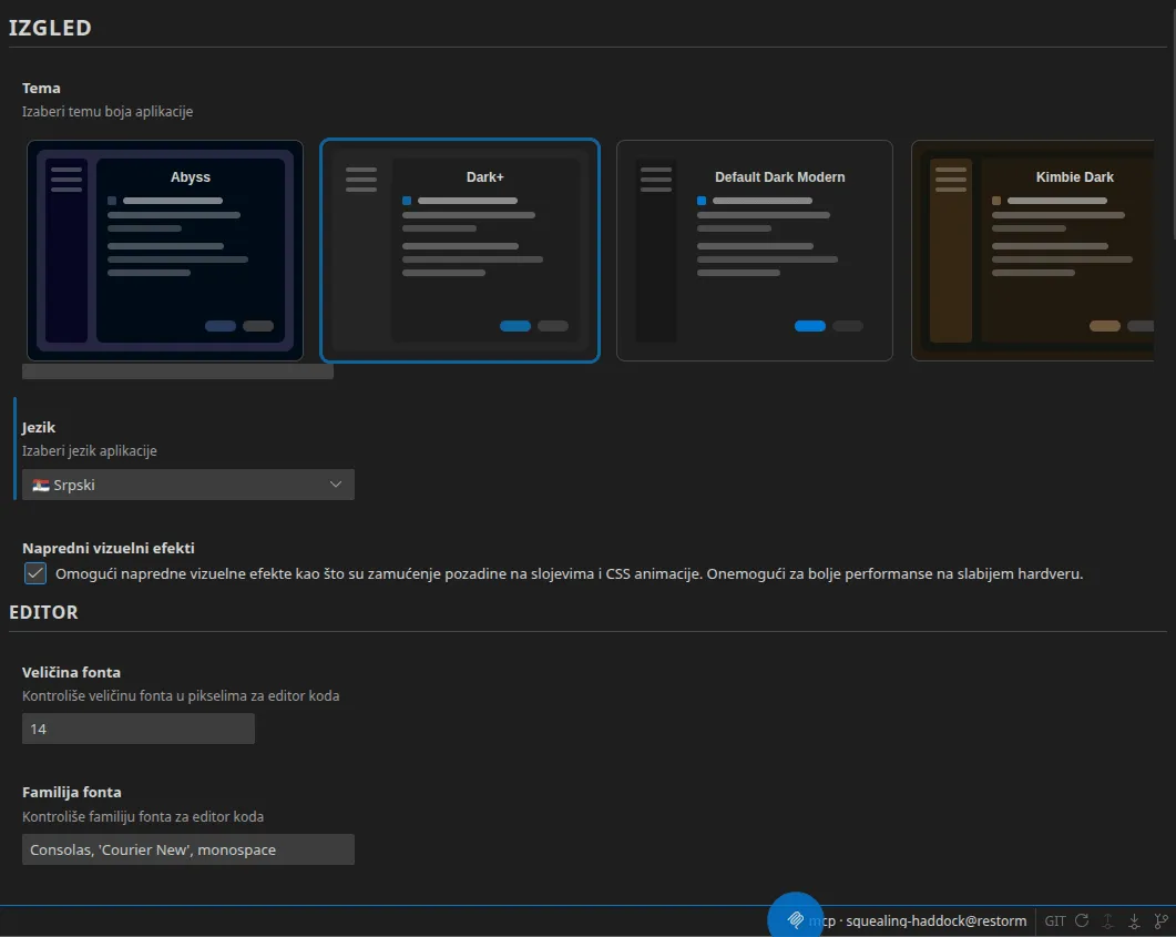 Karusel tema u podešavanjima, sa pregledima Abyss (izabran), Dark+, Default Dark Modern i Kimbie Dark