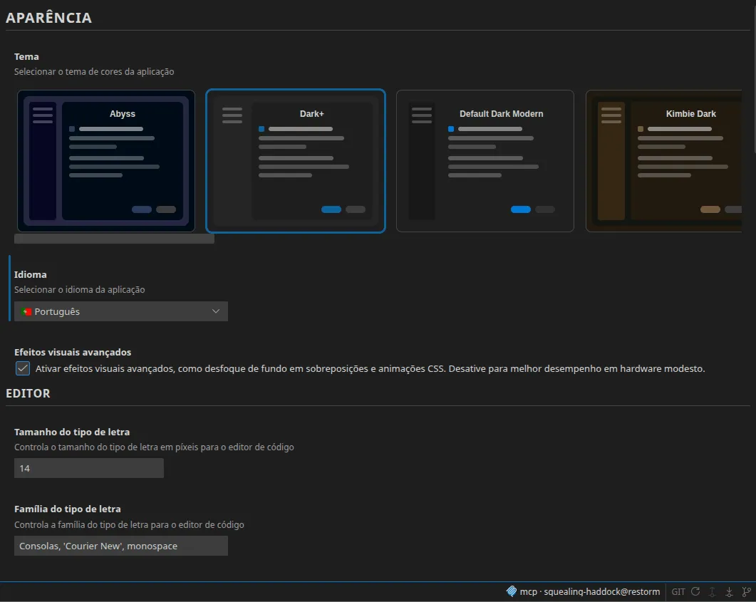 O carrossel de temas das definições, com as pré-visualizações Abyss (selecionado), Dark+, Default Dark Modern e Kimbie Dark