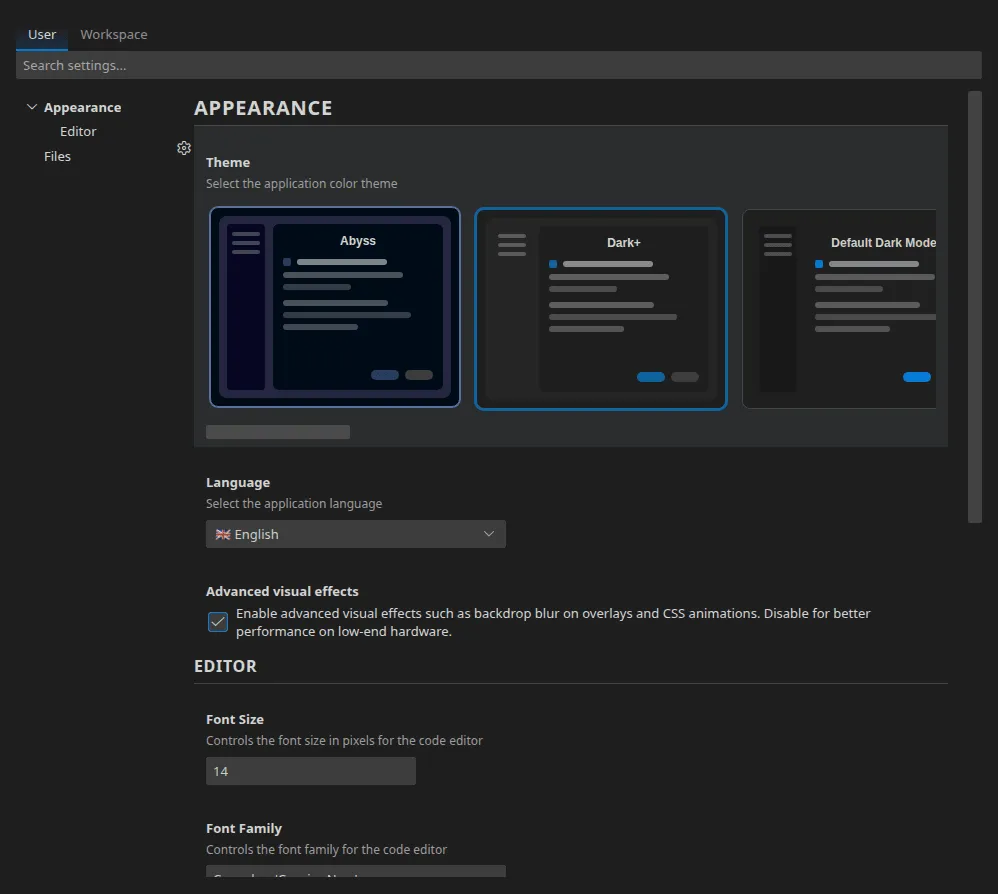 The settings' theme carousel, with the Abyss (selected), Dark+, Default Dark Modern and Kimbie Dark previews