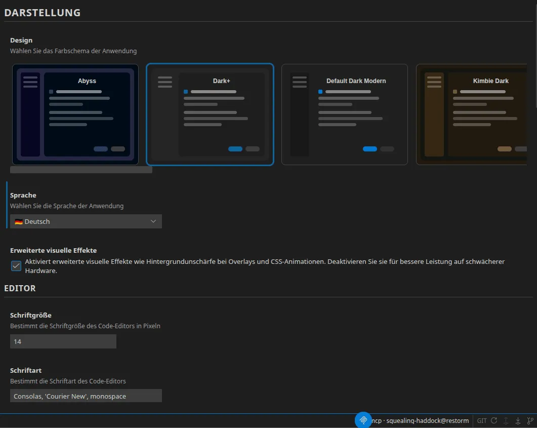Das Themes-Karussell der Einstellungen mit den Vorschauen Abyss (ausgewählt), Dark+, Default Dark Modern und Kimbie Dark