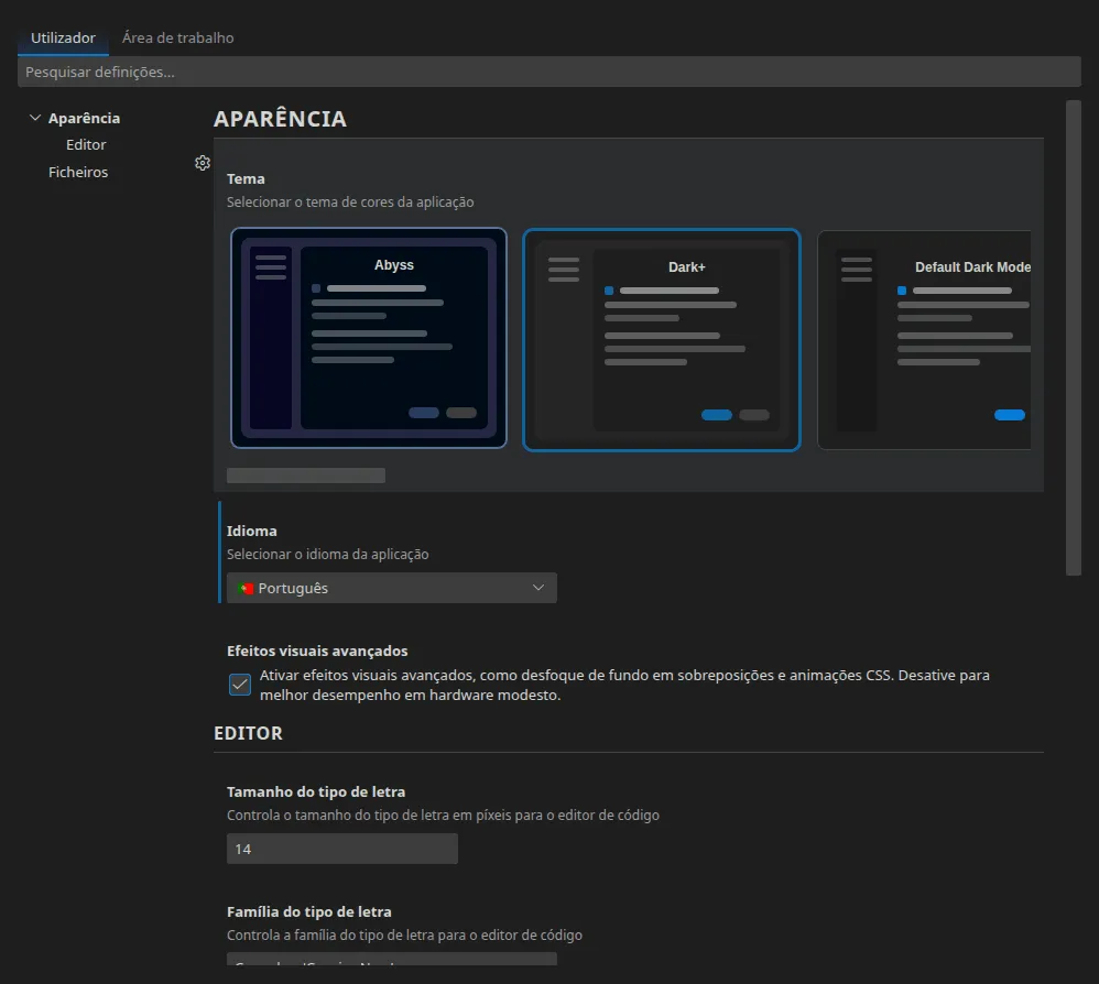 O carrossel de temas das definições, com as pré-visualizações Abyss (selecionado), Dark+, Default Dark Modern e Kimbie Dark