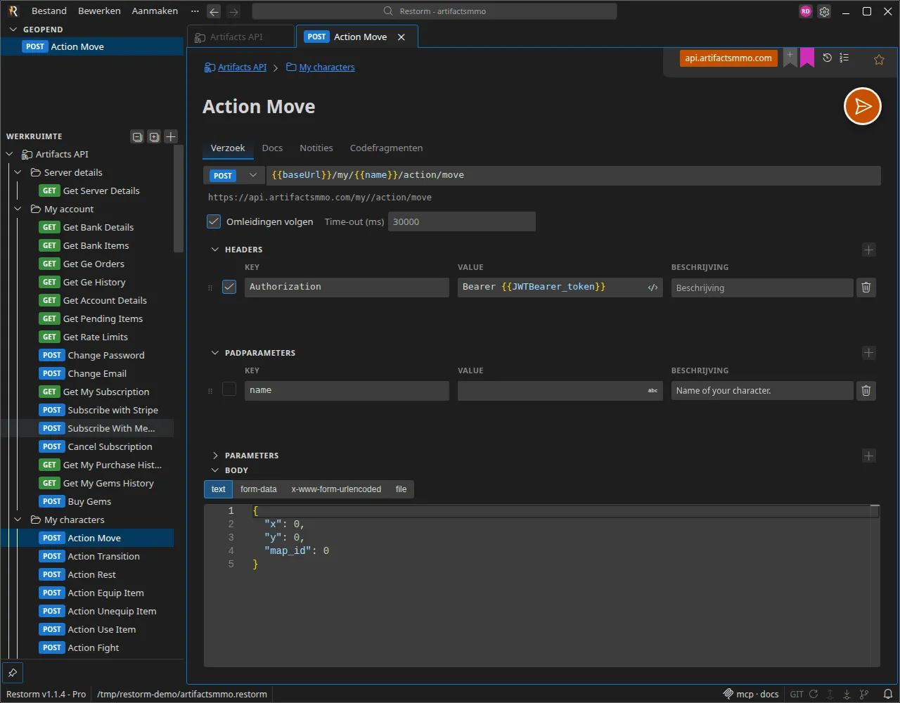 De request-editor: methode, URL-sjabloon, headers, parameters en body