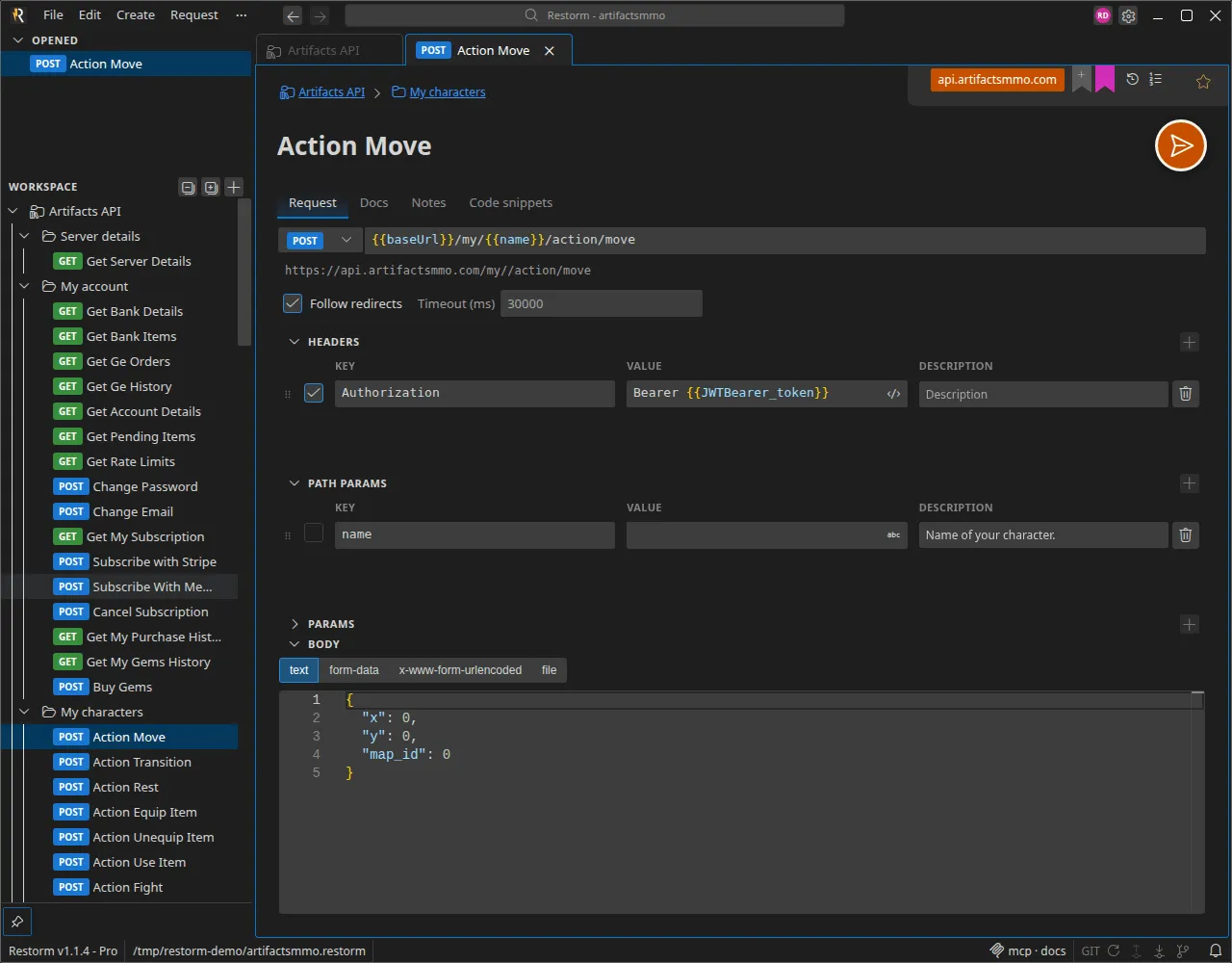 The request editor: method, templated URL, headers, parameters and body