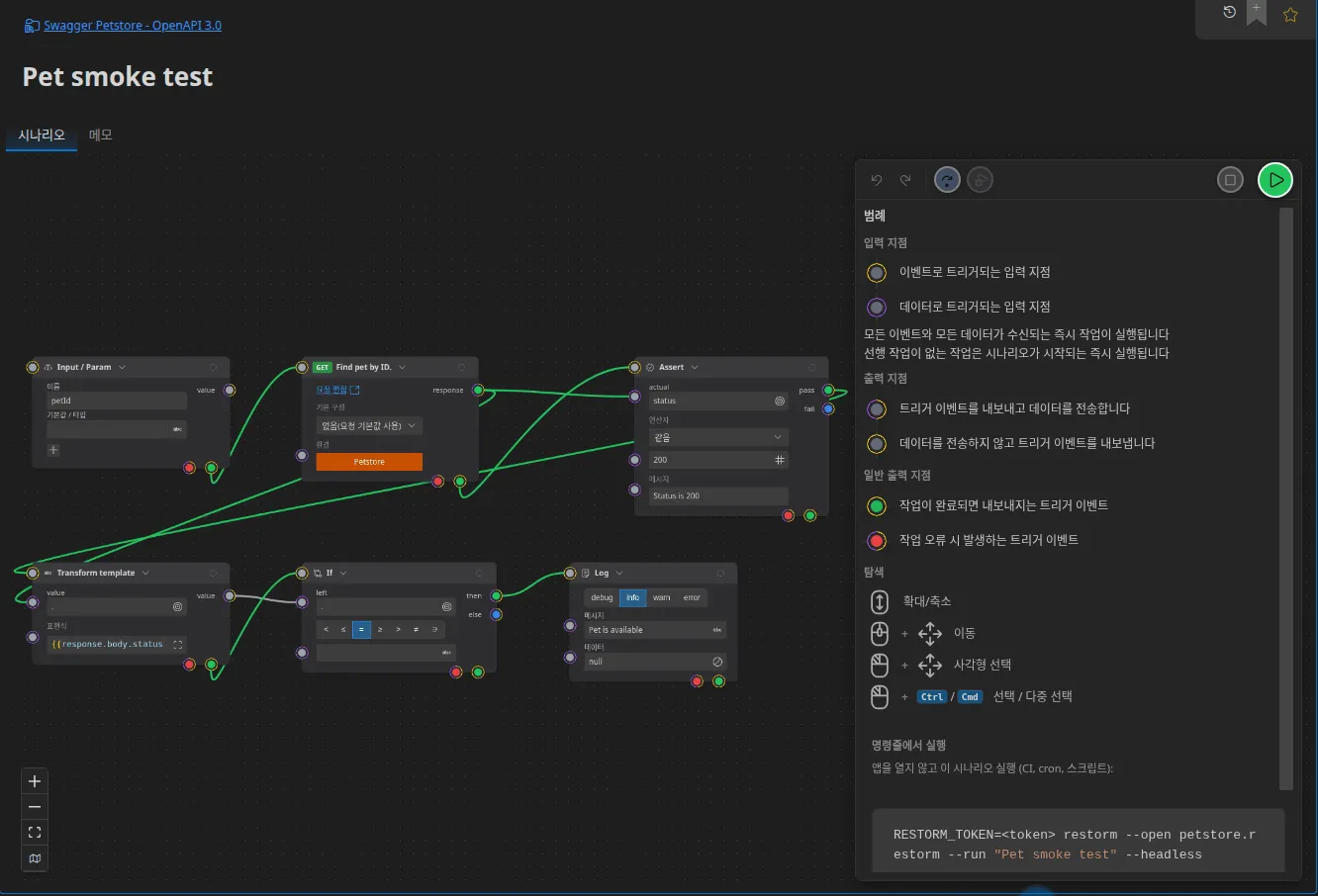 에디터에 표시된 완성된 시나리오: Input/Param 노드, HTTP 요청, 상태 코드에 대한 어서션, Handlebars 추출, If 조건, Log