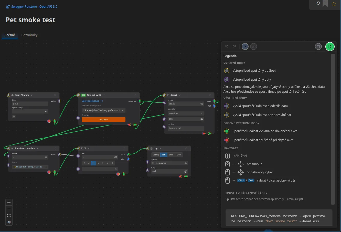 Kompletní scénář v editoru: blok Input/Param, požadavek HTTP, asserce nad stavovým kódem, extrakce pomocí Handlebars, podmínka If a Log