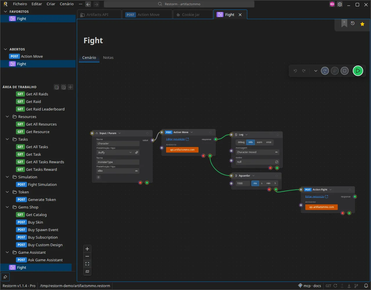 O editor visual de cenários: nós de pedido, registo, espera e entrada ligados num grafo