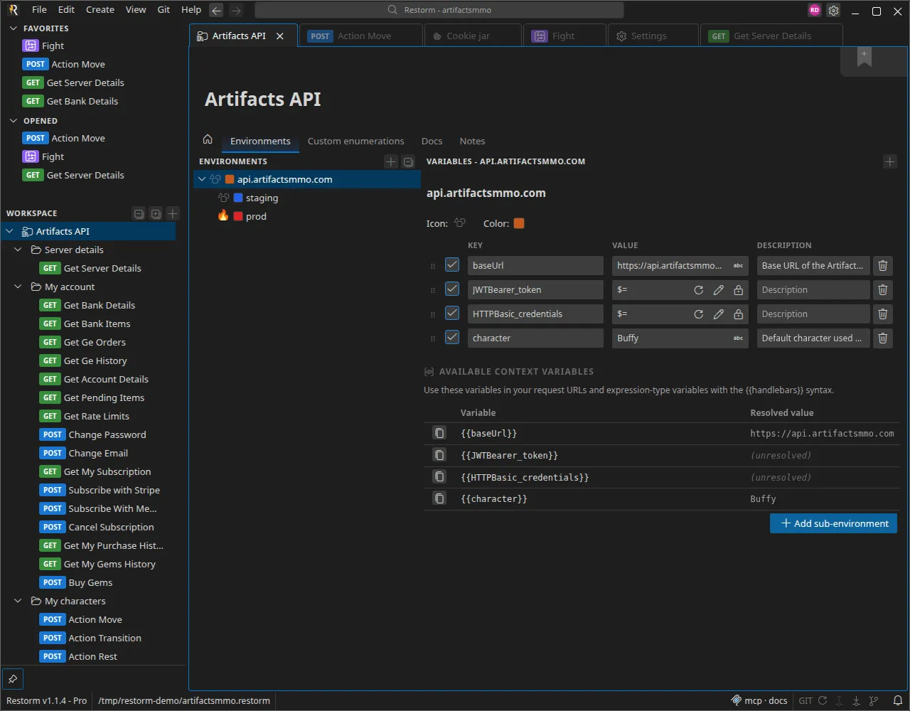 Two Secret-typed environment variables (petstore_auth_token, api_key): the cell carries the $= marker and the refresh, edit-retrieval and lock buttons — next to a string-typed variable
