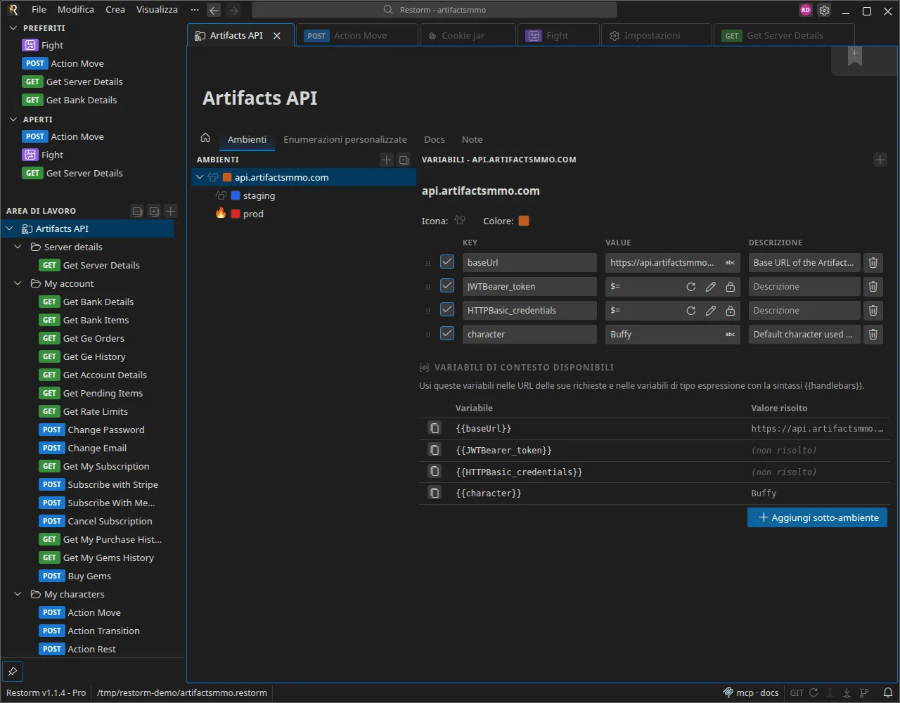 Due variabili d’ambiente di tipo Segreto (petstore_auth_token, api_key): la cella porta il marcatore $= e i pulsanti aggiorna, modifica il recupero e blocca — accanto a una variabile di tipo stringa