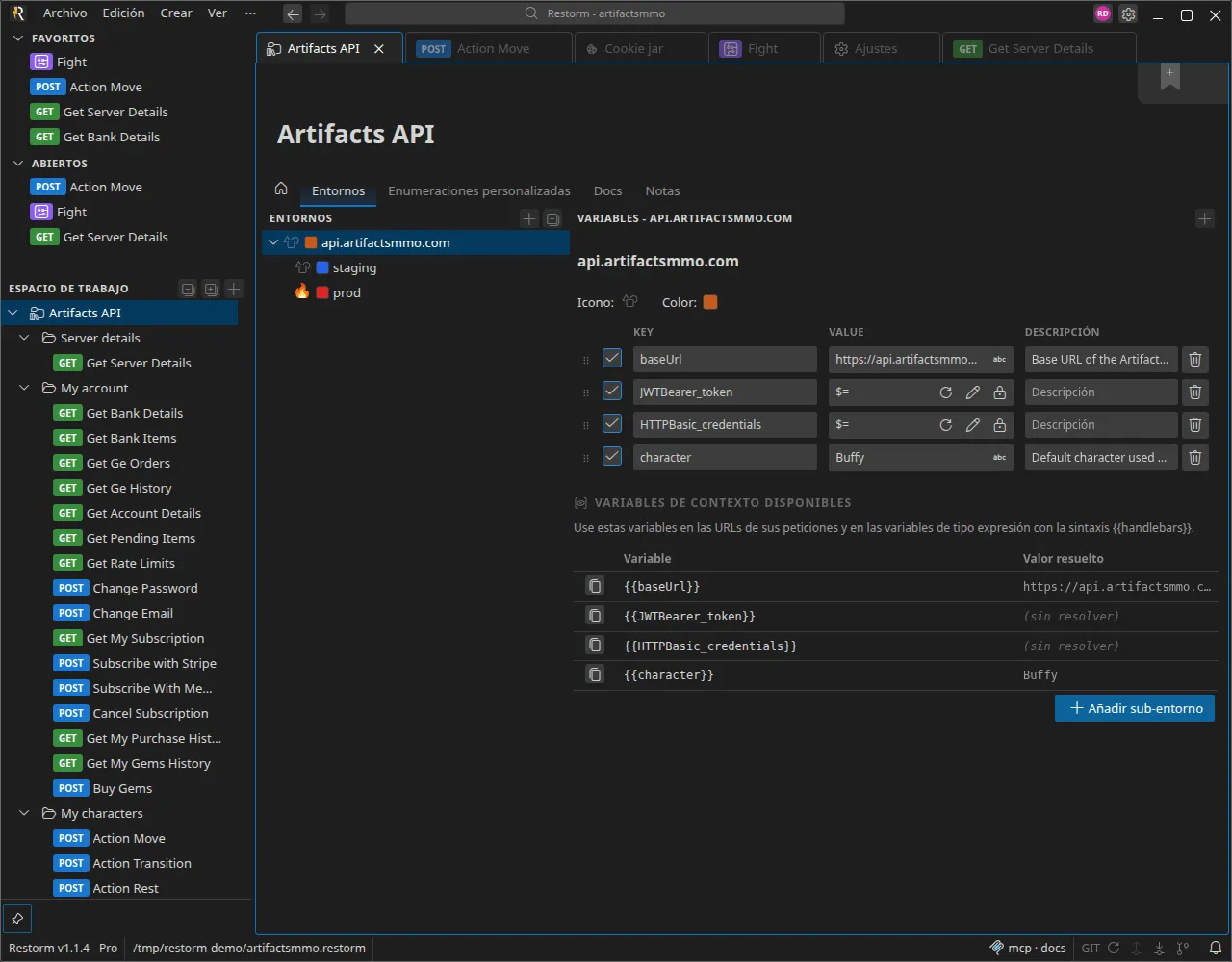 Dos variables de entorno de tipo Secreto (petstore_auth_token, api_key): la celda lleva el marcador $= y los botones de actualizar, editar la recuperación y bloquear — junto a una variable de tipo cadena