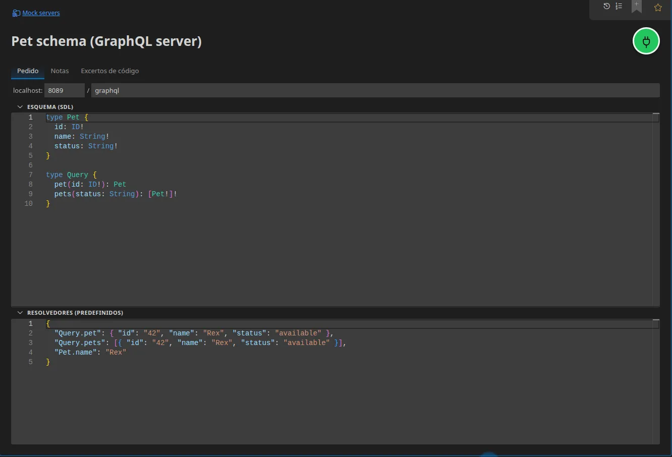 Um elemento Servidor GraphQL: o endereço de escuta, o esquema SDL servido, e o mapa dos resolvedores predefinidos, chave Type.field → valor