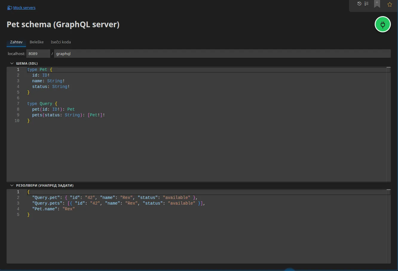 GraphQL server element: adresa osluškivanja, poslužena SDL šema i mapa predefinisanih rezolvera, ključ Type.field → vrednost