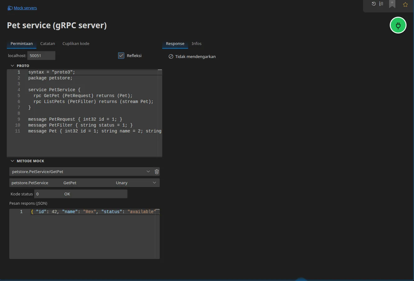Sebuah elemen Server gRPC: port pendengarannya, refleksi yang diaktifkan, deskriptor proto yang disertakan, dan daftar metode fiktif beserta layanannya, tipe panggilannya, kode statusnya, dan pesan responsnya
