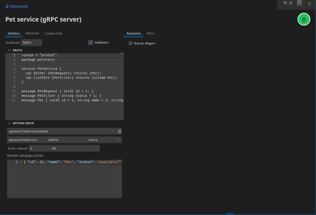 Një element Server gRPC: porta e dëgjimit, reflektimi i aktivizuar, përshkruesi proto i integruar dhe lista e metodave fiktive me shërbimin, tipin e thirrjes, kodin e statusit dhe mesazhin e përgjigjes së tyre