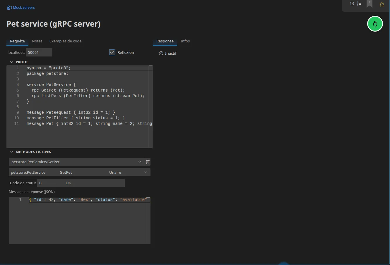Un élément Serveur gRPC : le port d'écoute, la réflexion activée, le descripteur proto embarqué, et la liste des méthodes fictives avec leur service, leur type d'appel, leur code de statut et leur message de réponse