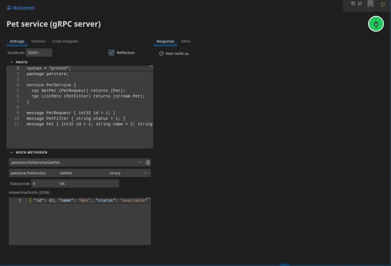 Ein gRPC-Server-Element: der Listen-Port, die aktivierte Reflection, der eingebettete Proto-Descriptor, und die Liste der simulierten Methoden mit Service, Aufruftyp, Statuscode und Antwortnachricht