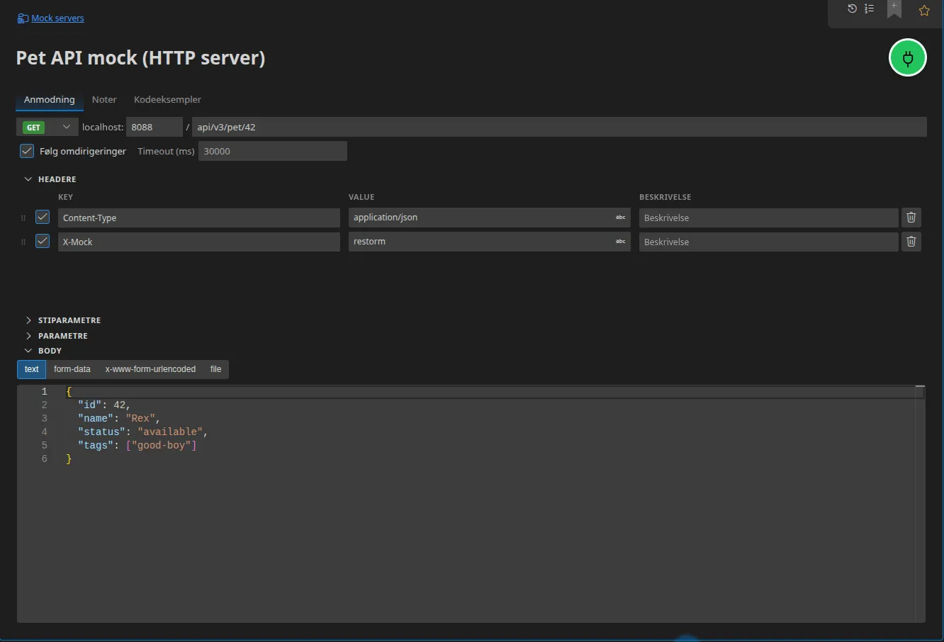 Et HTTP-serverelement: URL'en reduceret til localhost + port + sti, den serverede metode, headerne og bodyen i det simulerede svar