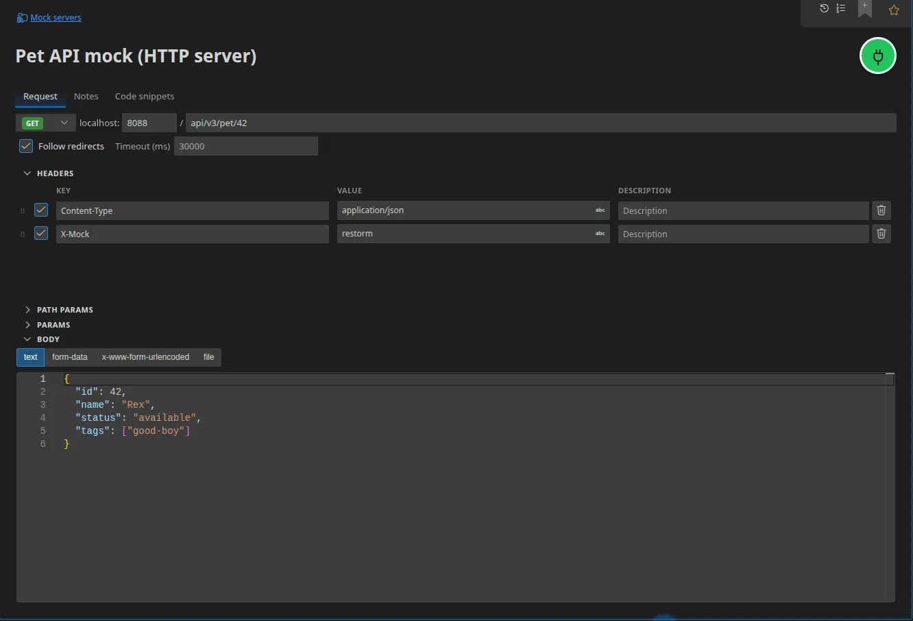 An HTTP server item: the URL reduced to localhost + port + path, the method served, and the mocked response's headers and body
