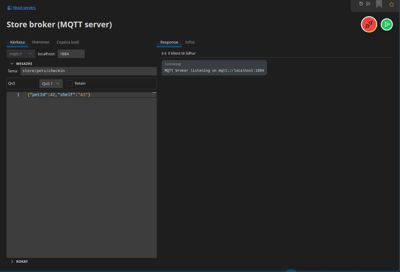 Një element Server MQTT në dëgjim: porta e ndërmjetësit, tema dhe QoS-ja, gjendja «0 klient(ë) të lidhur» dhe mesazhi MQTT broker listening on mqtt://localhost:1884